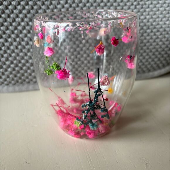 Creative Cup 350 ml Double Wall Clear Glass Pink Dried Flowers Insulted Tea Cup - Picture 3 of 6